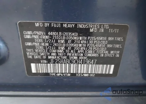 2012 Subaru Forester 2.5X from USA, damaged, VIN JF2SHABC9CH419647